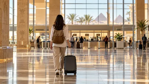 Traveller with a suitcase approaching service counters in an airport arrivals hall