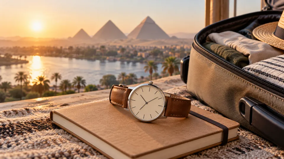 Analog wristwatch and travel notebook beside a packed bag