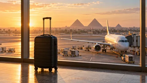 Carry-on suitcase beside an airport window overlooking a passenger aircraft