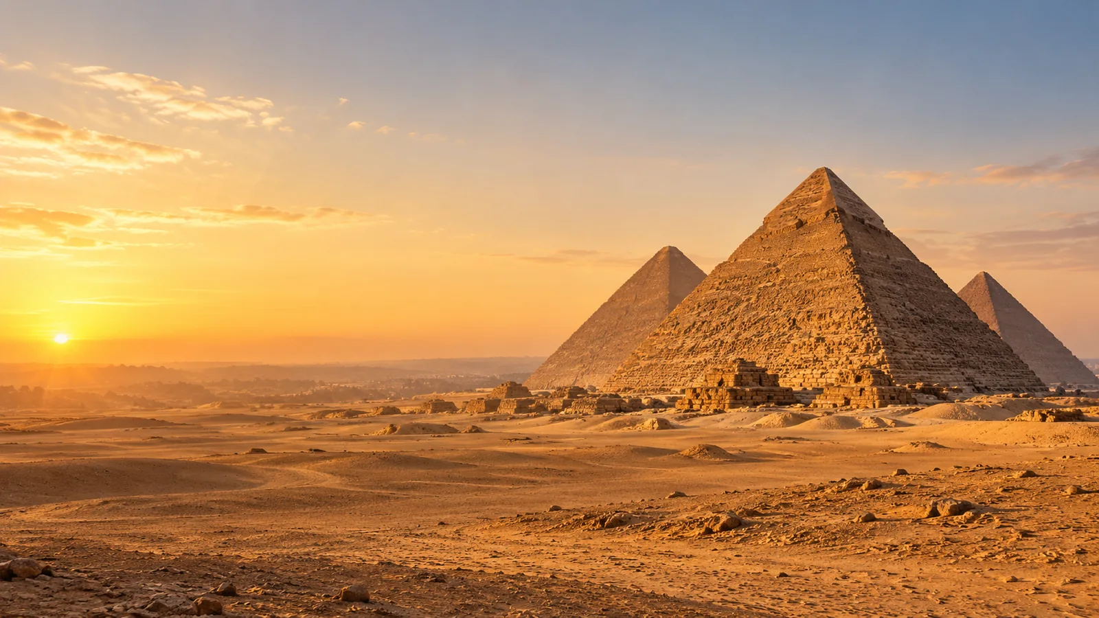 The pyramids of Giza above the Egyptian desert at sunrise
